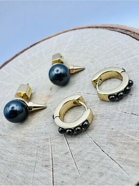 AllSaints 2-Pair Gray Pearl Spike Gold Tone Huggie Earrings Set